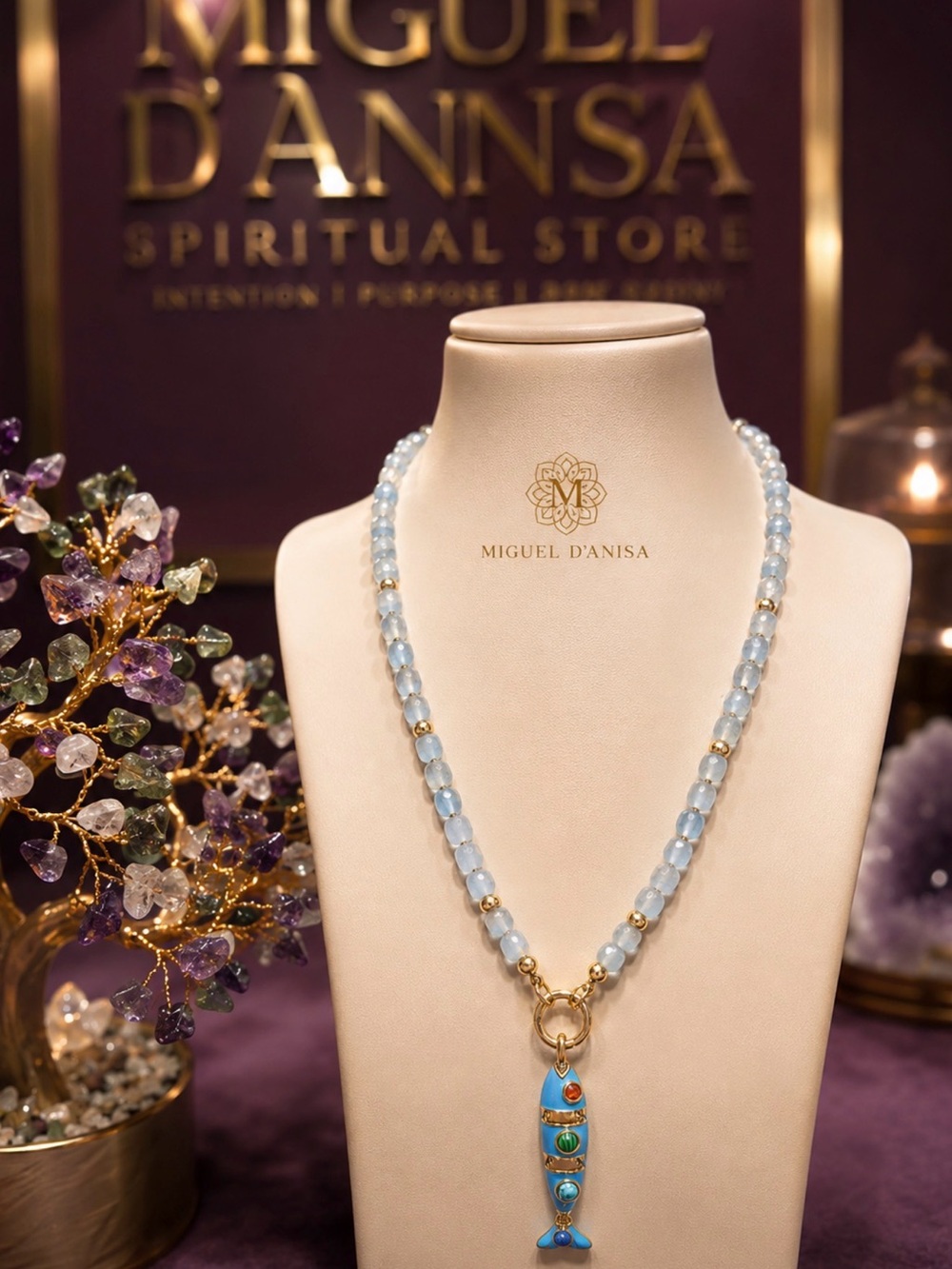 Miguel D’Ansa Light Blue Beaded Necklace with Enamel Fish Pendant